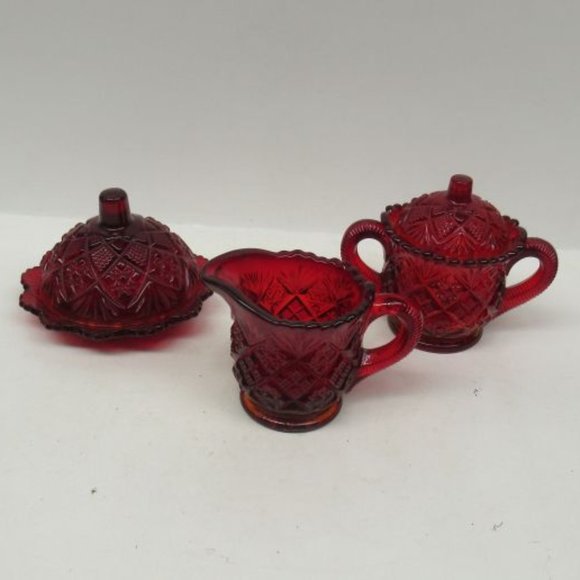 Westmoreland Glass Red FAN and FILE Childs Butter Dish, Creamer, Sugar and Lid - Picture 1 of 5